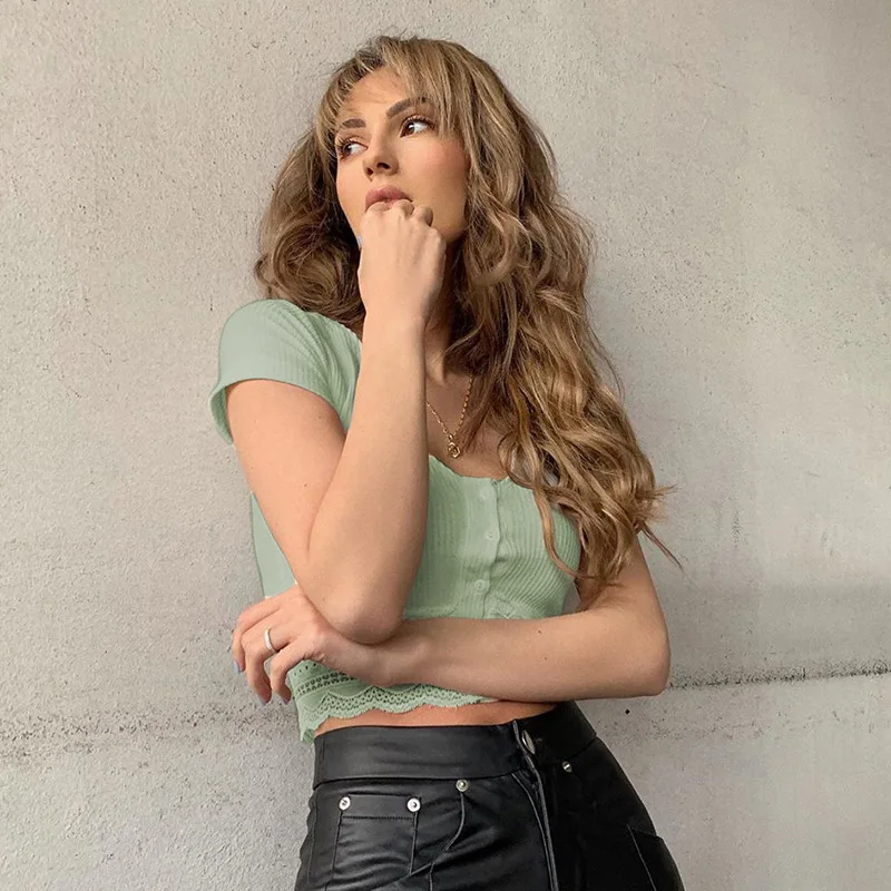 Новая кнопка Сексуальный Топ для женщин пикантные трикотажной в Корейском стиле