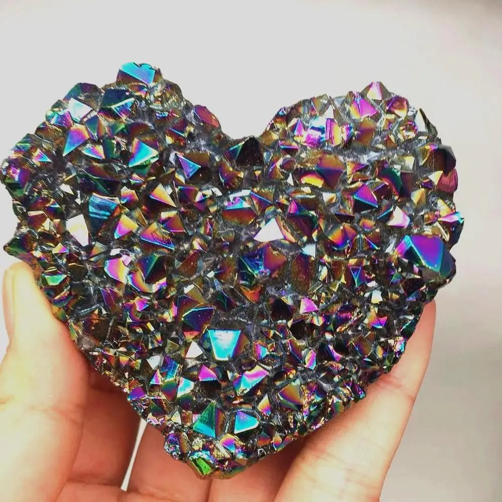 

natural stones and minerals Rainbow titanium aura quartz crystal cluster hand carved heart shaped healing reiki