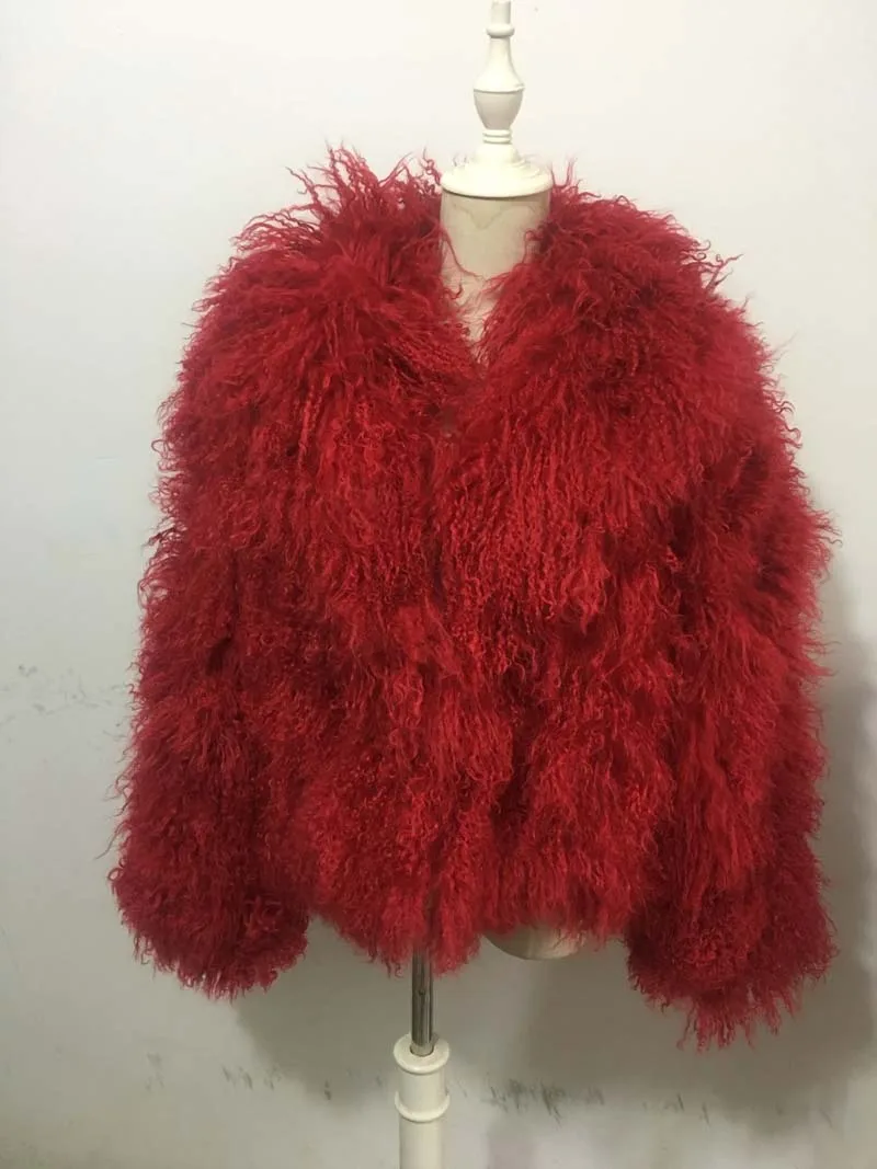 red Новинка, натуральная монгольская овечья шуба, женская меховая куртка с воротником, большой размер, F1132 - Цвет: red