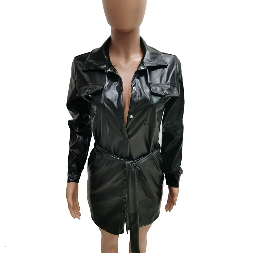 

FNOCE 2020 autumn women's dresses street fashion elegant solid long sleeve Single-breasted faux leather Fabric slim mini dress