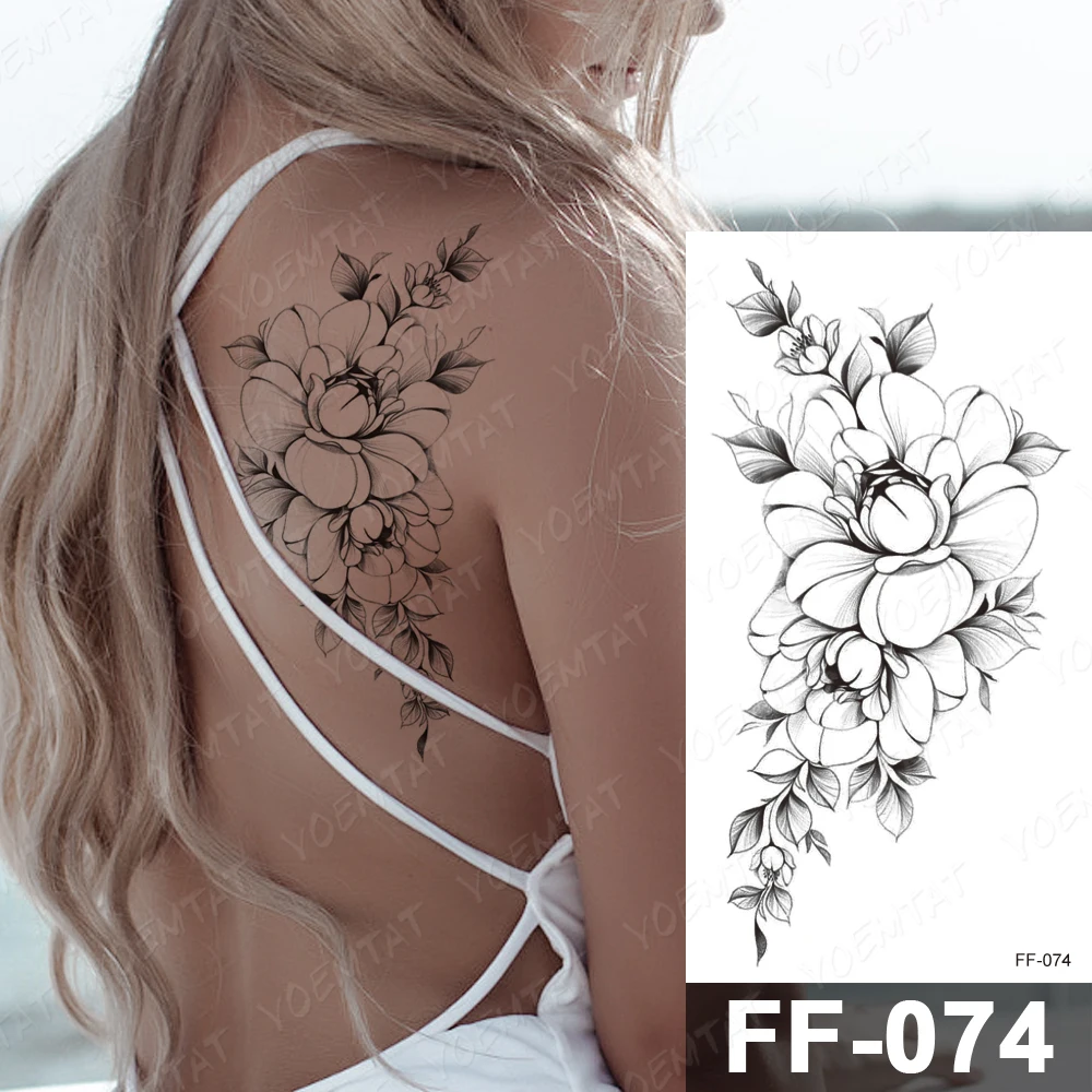 

Waterproof Temporary Tattoo Sticker Peony Flower Plum Blossom Flash Tattoos Female Black Minimalist Line Body Art Fake Tatto Men