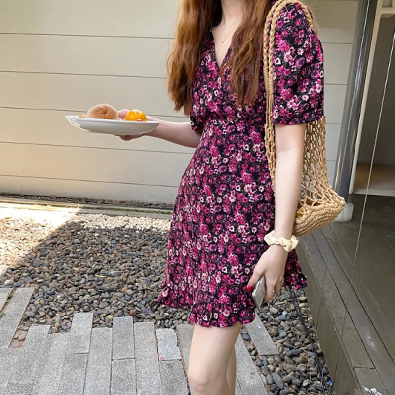 

Women's Floral Printing Dress Summer New Plus Size Ruffled Short Sleeve V Necks High Waist Dress Fashion D14404X