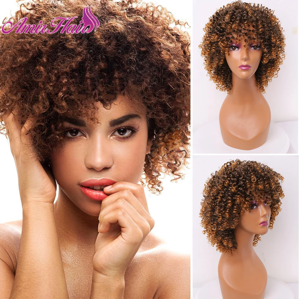 Kinky Curly Short Wave Afro Wigs Mixed Soft Curls Hair with Bangs Natural Heat Resistant Synthetic Wig for Black Women