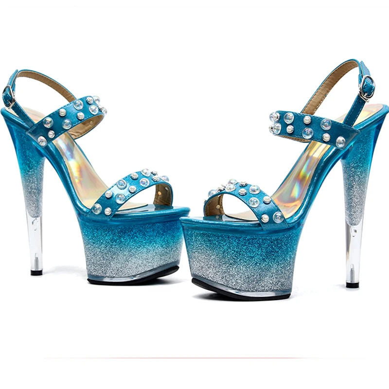 

Sandals Women Summer Blue 17cm Sexy Super High Thin Heel Gladiator Glitter Gradient Rivet Open Toe Platfrom Buckle Strap Shoes