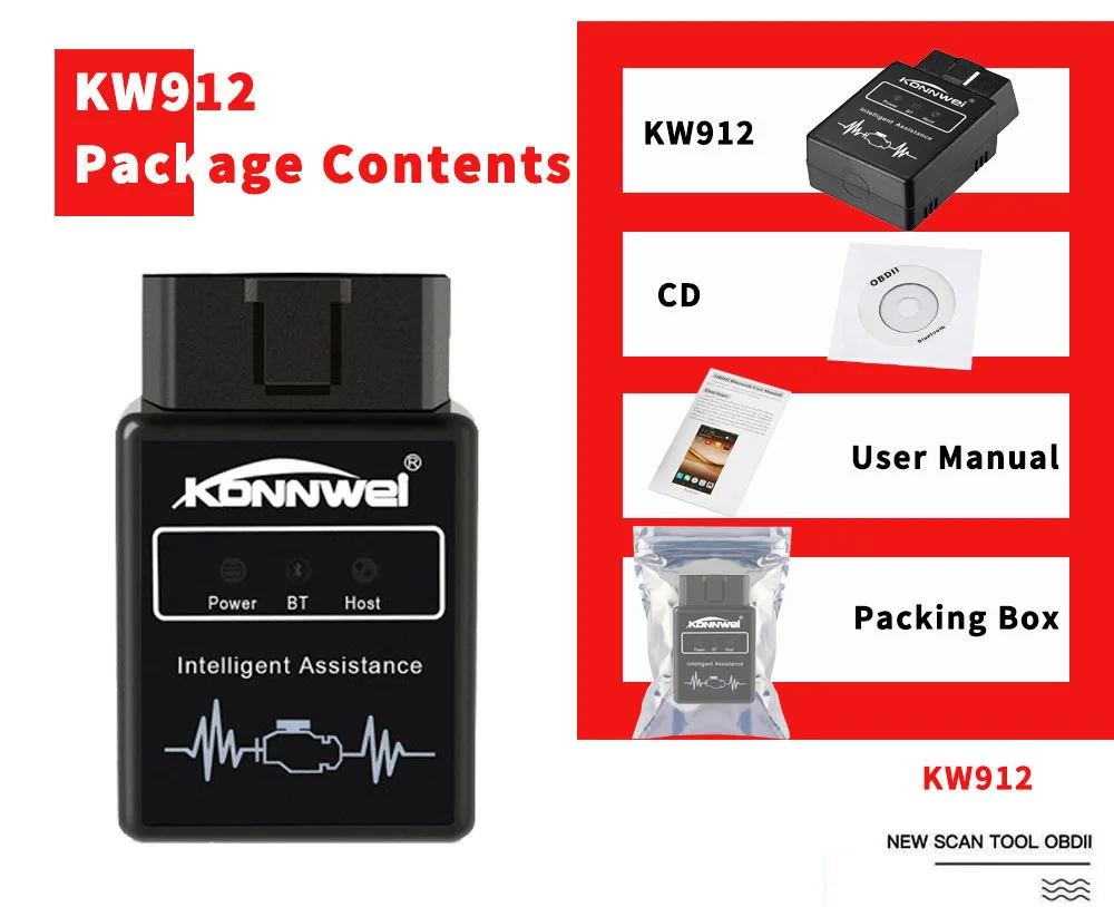 KONNWEI KW912 ELM327 Bluetooth Pic18f25k80 Obd2 v1.5 сканер автомобильный диагностический инструмент
