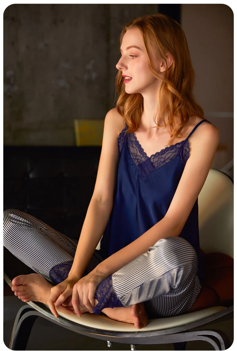 

Sexy lace suspenders pajamas homewear ice silk thin sleepwear trousers spring and autumn two-piece suit pijamas women summer