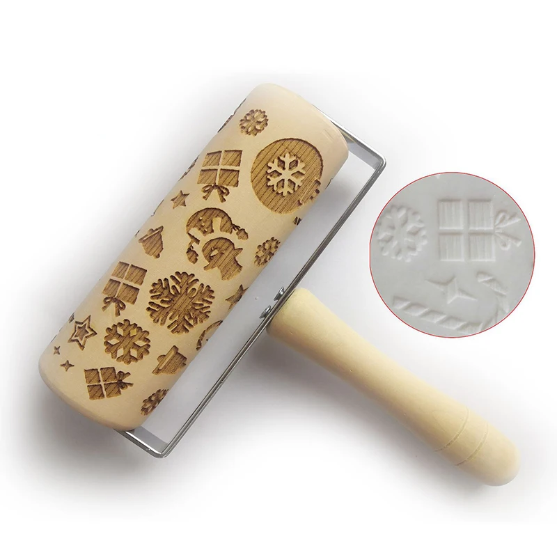 

Christmas Embossing Rolling Pin Wooden Printed Cookie Dough Stick Fondant Tool Baking Cake Kitchen Engraved Roller Pin