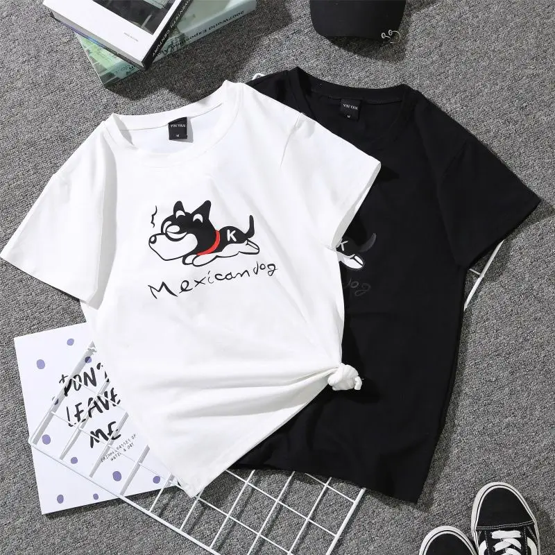 2019 женская футболка большого размера летняя с круглым воротником и принтом щенка