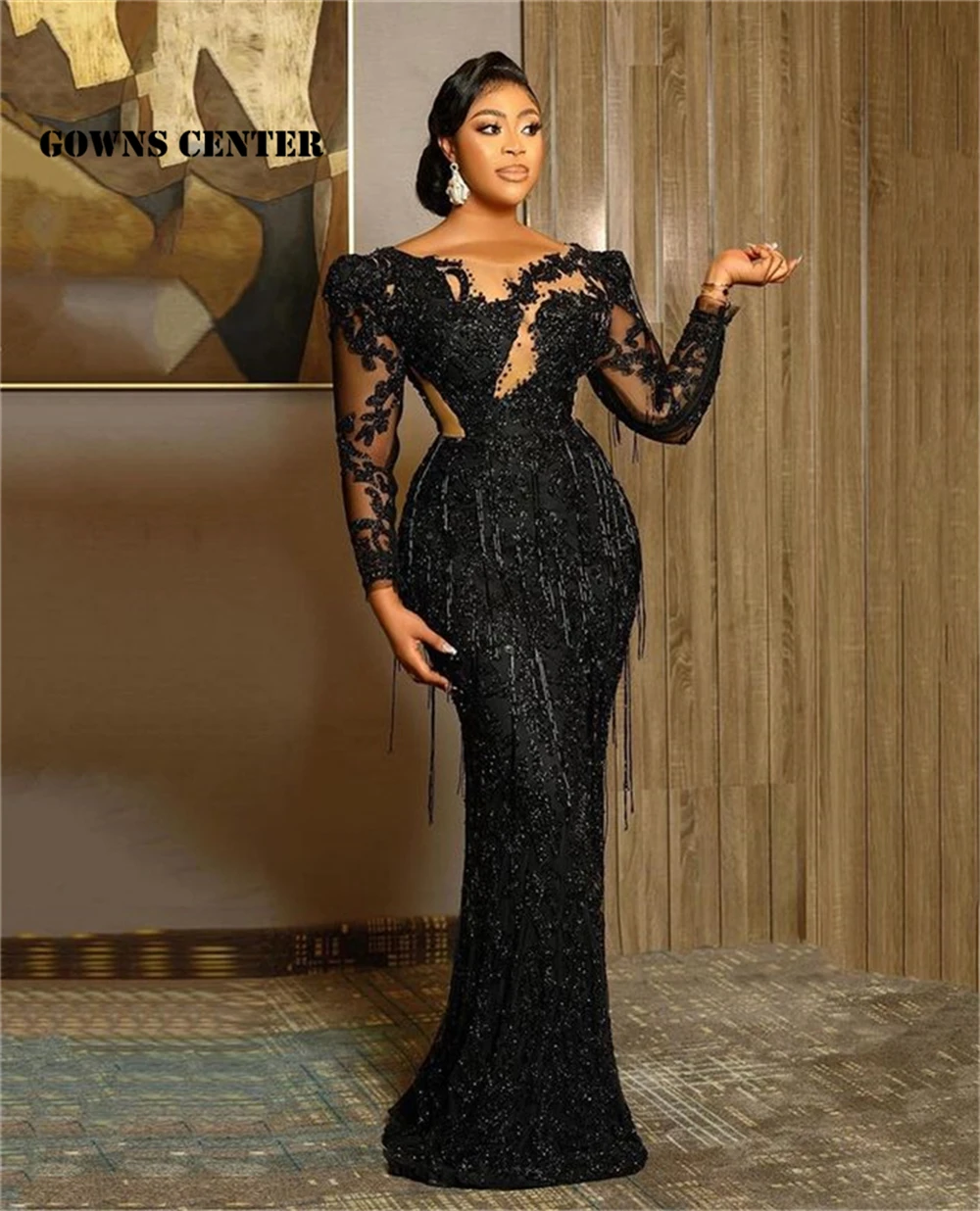 

Black Beaded Tassels Mermaid Evening Dresses Luxury Long Sleeve Luxury Formal Gowns Dinner Dress Wedding Party Gowns abandkleid