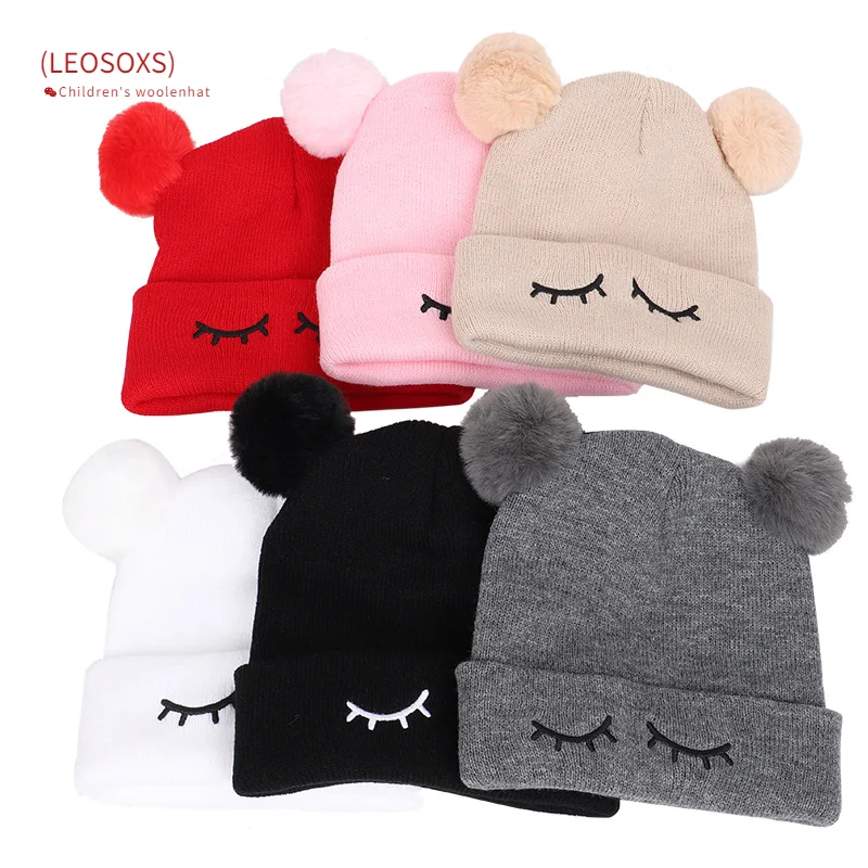 

2021 Winter Children's Woolen Cap Knitted Embroidery Winking Bear Double Hair Ball Hat Men and Women Baby Infant Child Warm Cap