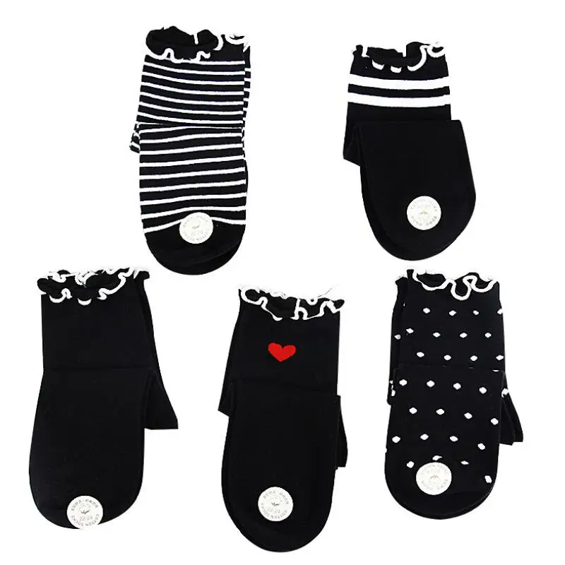 5 Pairs Black White Student Cotton Socks Girls Striped Heart Dot Printed Crew Sock Woman Wrinkled Cuff Cotton Summer Ankle Socks