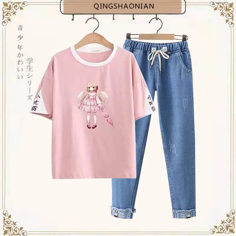 

T-shirt Suit Female Summer 2021 New Fashion Round Neck Loose Korean Casual Sportswear Two-piece Two-piece Women's Clothing