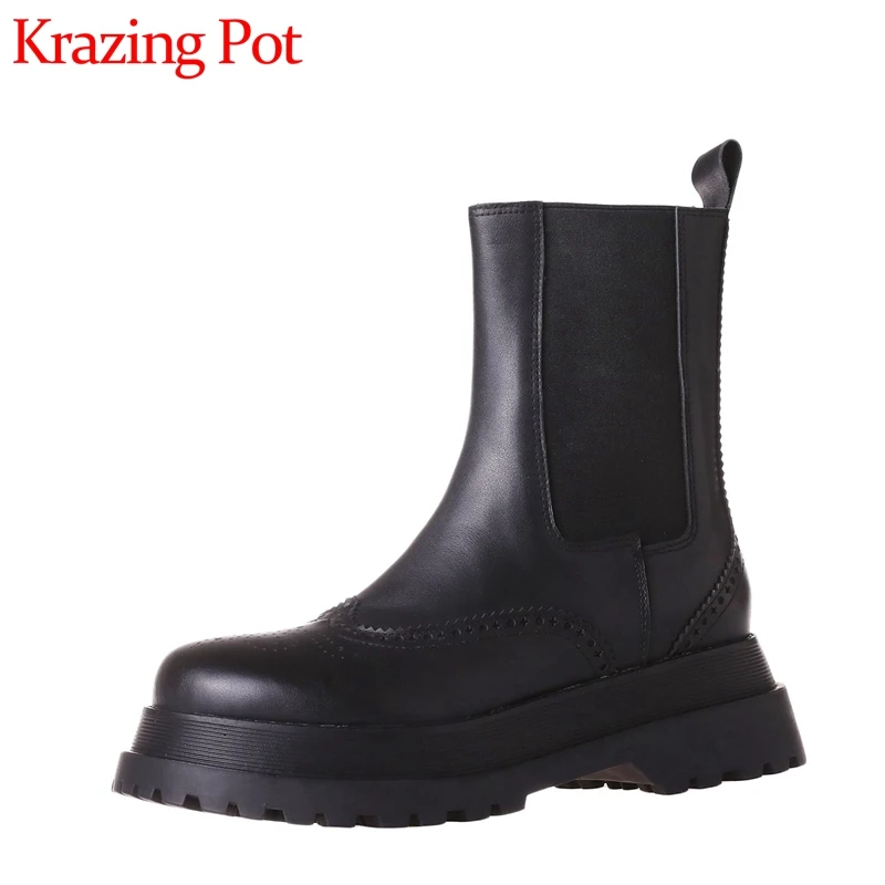 

Krazing Pot hot sale cow leather western boots winter round toe concise thick bottom med heels carving slip on ankle boots l28