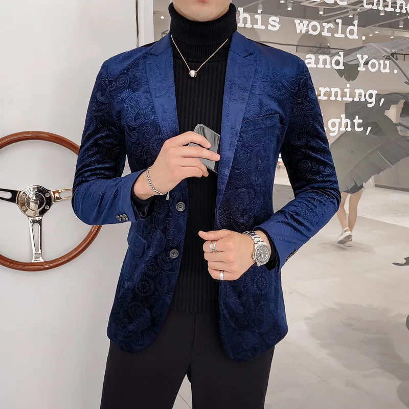 Модный блейзер с принтом Masculino синий приталенный мужской длинным рукавом деловой