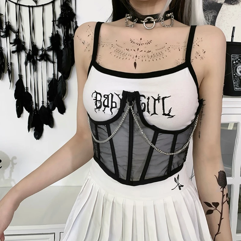 

2022 New Gothic Punk Metal Chain Black Mesh Corset Underbust Bustiers Harajuku Vintage Sheer Lace-Up Waist Belt Shaper Cincher