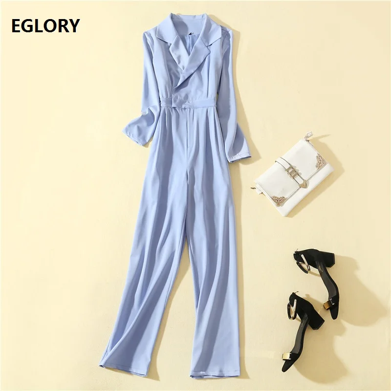 

Elegant Jumpsuits 2019 Autumn Runway Fashion Style Women Notched Collar Covered Button 3/4 Sleeve Full Length Blue Jumpsuit Lady