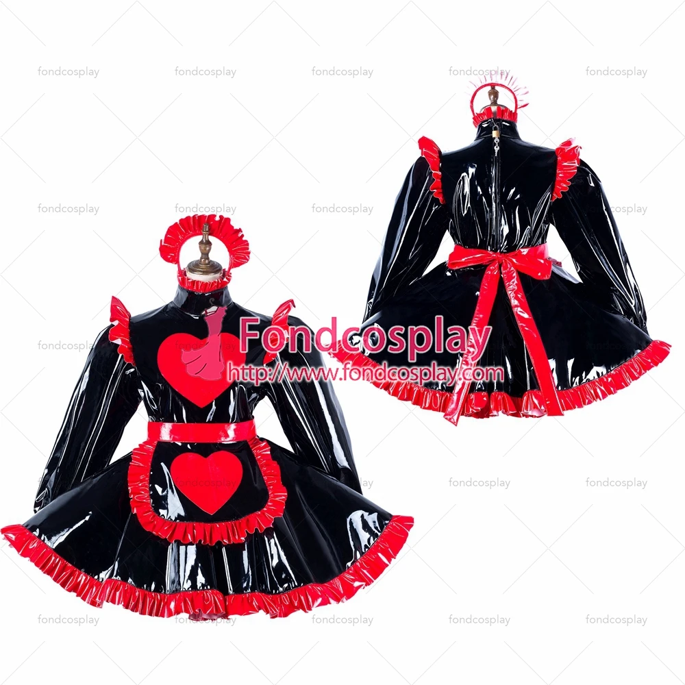 fondcosplay adult sexy cross dressing sissy maid black heavy pvc dress lockable Uniform Heart apron costume Tailor-made[G2193] |