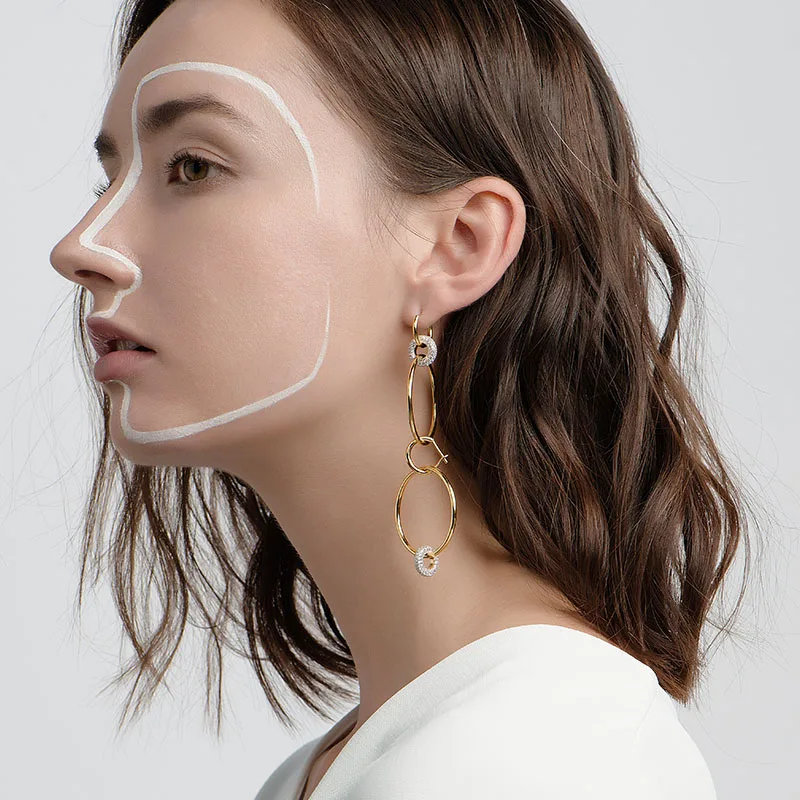 

New 925 Sterling Silver Gold Color Double Circle Loop Earrings Micro Cubic Zirconia Stones Women Fashion Party Jewelry