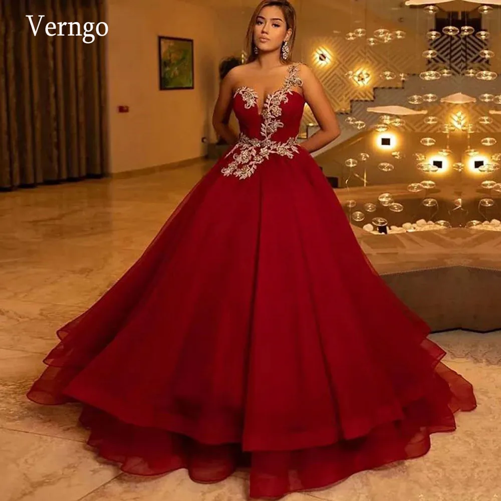 

Verngo Dark Red Organza A Line Long Prom Dresses One Shoulder Lace Applique Beads Sweetheart Tiered Floor Length Evening Gowns
