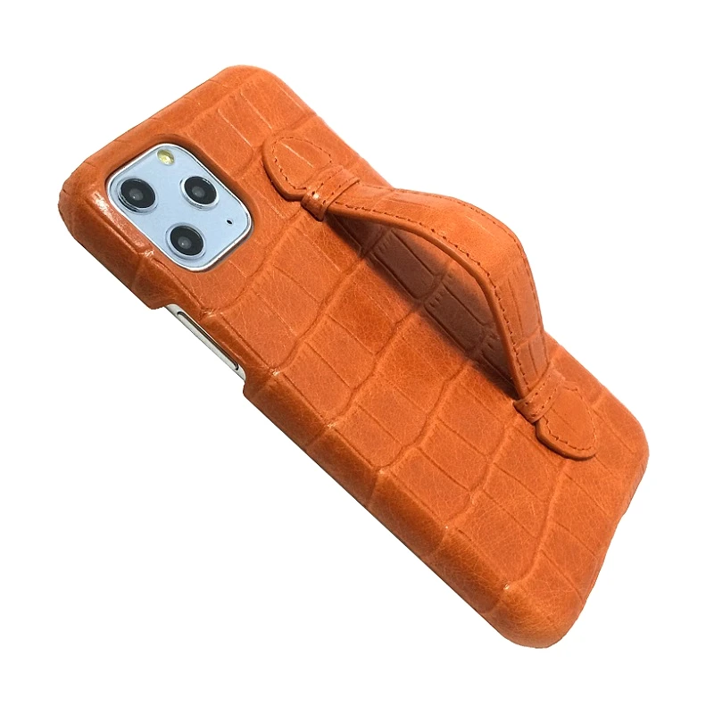 

Solque Genuine Leather Hand Strap Holder Phone Case For iPhone 11 Pro Max 11Pro Luxury Crocodile Thin Hard Shell Cover Orange