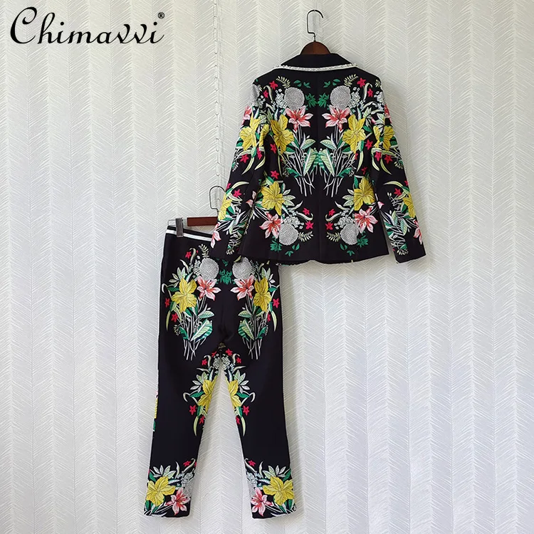 

2021 Fall Female New Long Sleeve Elegant Office Lady Suit Women's Fashion Casual Floral Printed Straight-Leg Pants Two-piece Set