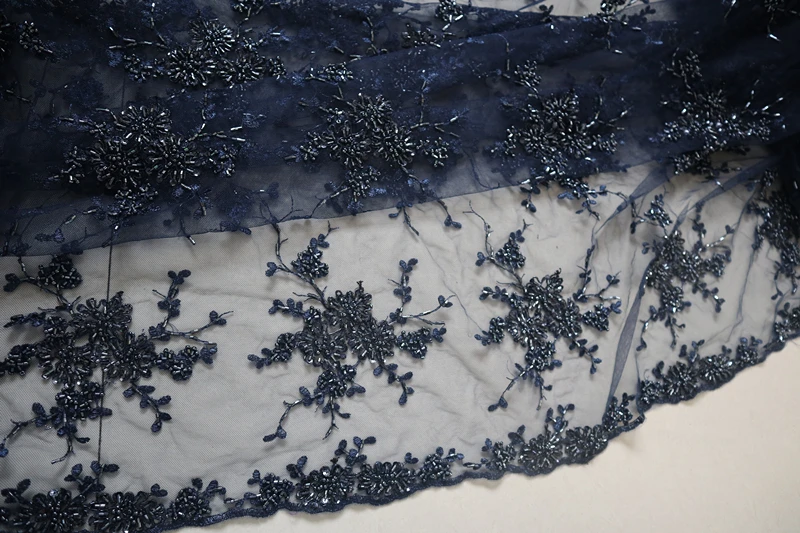 1 ярд Высококачественная темно-синяя ткань с крупным бисером синяя вышитая для