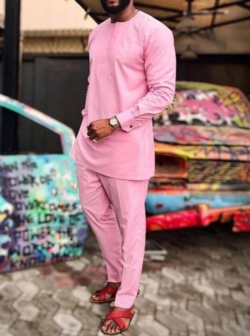 Мужская одежда в африканском стиле рубашка со штанами однотонный розовый топ +