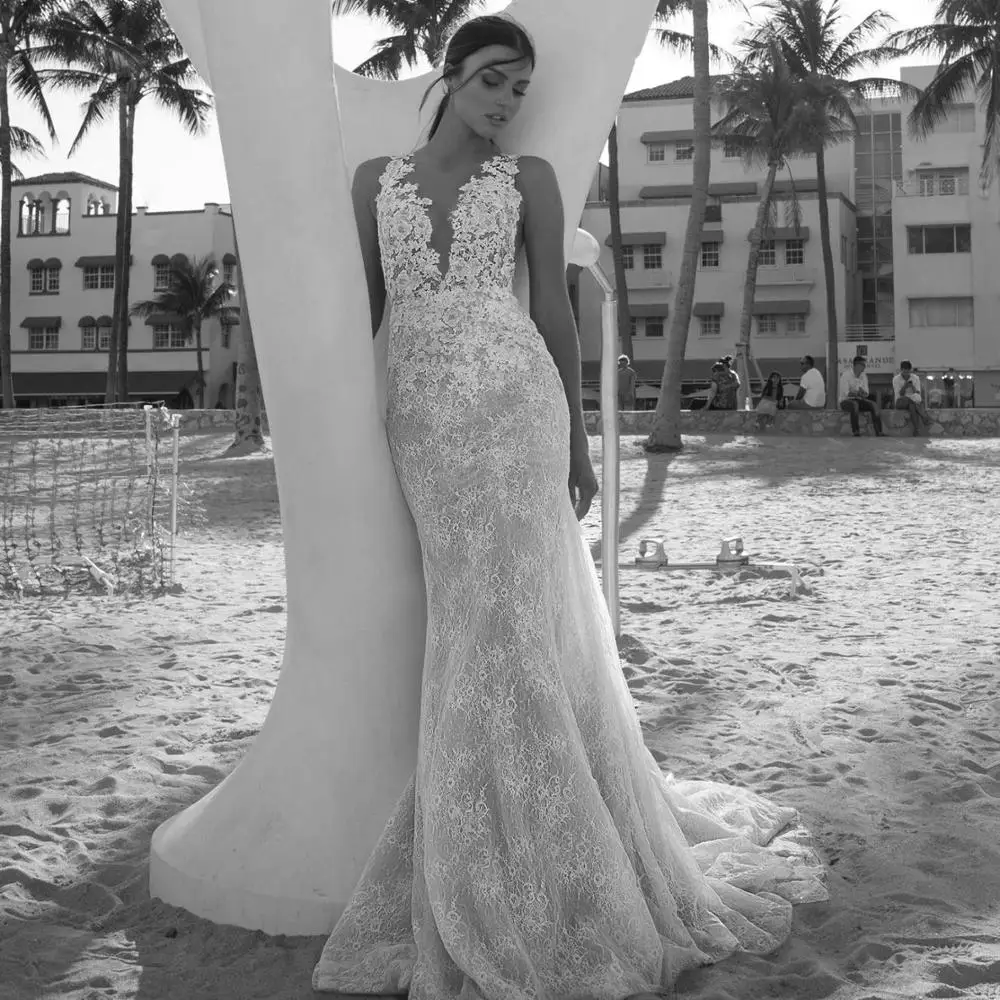 

Sexy New Trumpet Wedding Dress Boho 2021 V-neck Sleeveless Court Train Lace Wedding Gowns Bride Dress sukienki Robe mariage