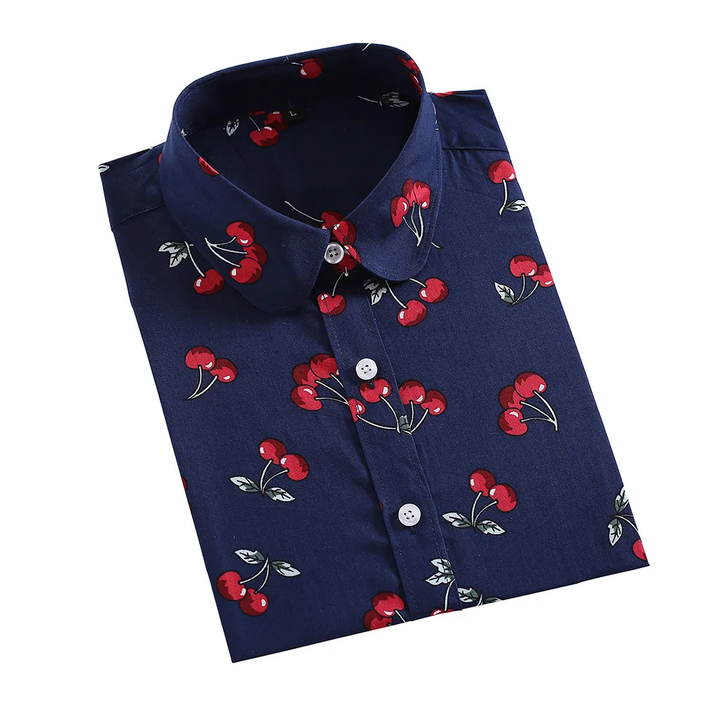 

Free Shipping Plus Size S-5XL Cherry Print Womens Long Sleeve Shirts Pink Button up Shirt Ladies Work Casual Tops Blouse