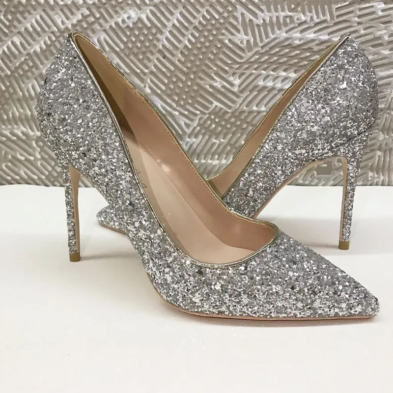 

Europe and America 2019 new spring Silver Crystal sequins bridal shoes pointed wedding shoes sexy high heels women's thin heels