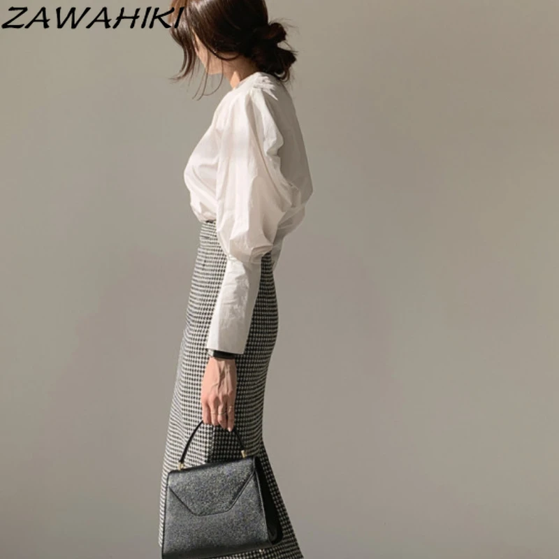 

ZAWAHIKI Women's Clothes Puff Sleeve Tops O Neck Vintage Solid Tops Autumn Loose Casual Blusas Mujer De Elegant Blusa Feminina