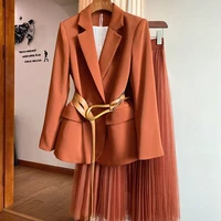 womens suit blazer mesh skirt two piece suits without belt elegant female office lady solid coat dress set 2021 spring autumn