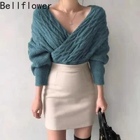 solid cross v neck short sweater fall clothes for women 2021 fashion sexy new batwing sleeve one size y2k aesthetic sweaters
