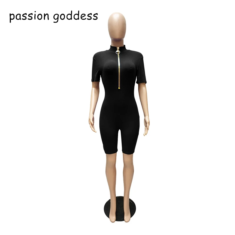 

Plus Size Summer One Piece Skinny Rompers Womens Jumpsuit Casual Biker Shorts Zipper Stand Collar Sexy Bodycon Bodysuit Playsuit