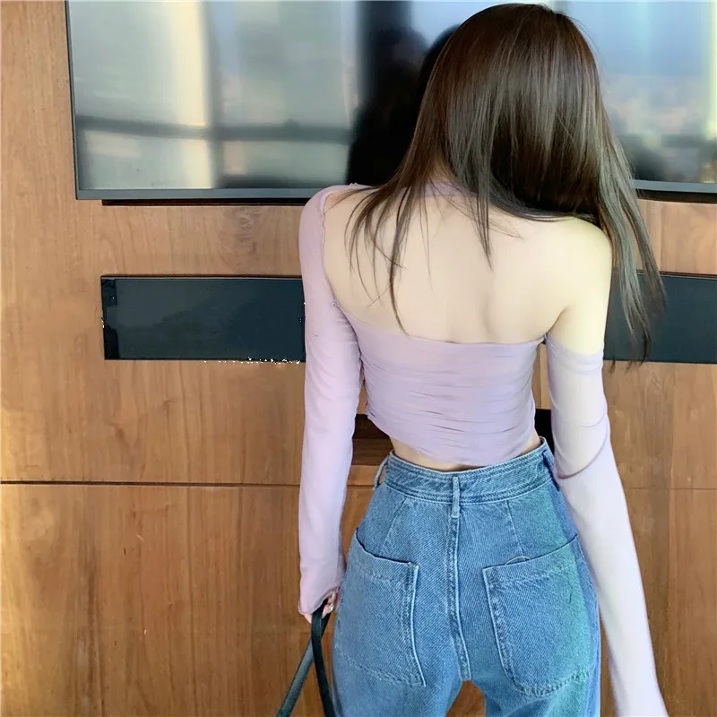 

Sunscreen T Shirts Mesh Long Sleeve Women's Clothing Slim Summer Sexy Off Shoulder Crop Top Floral Tees Ladies Fashion Brand New