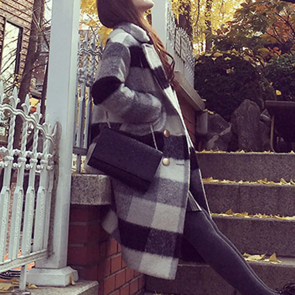 Женское клетчатое пальто SAGACE повседневное приталенное на пуговицах с длинным