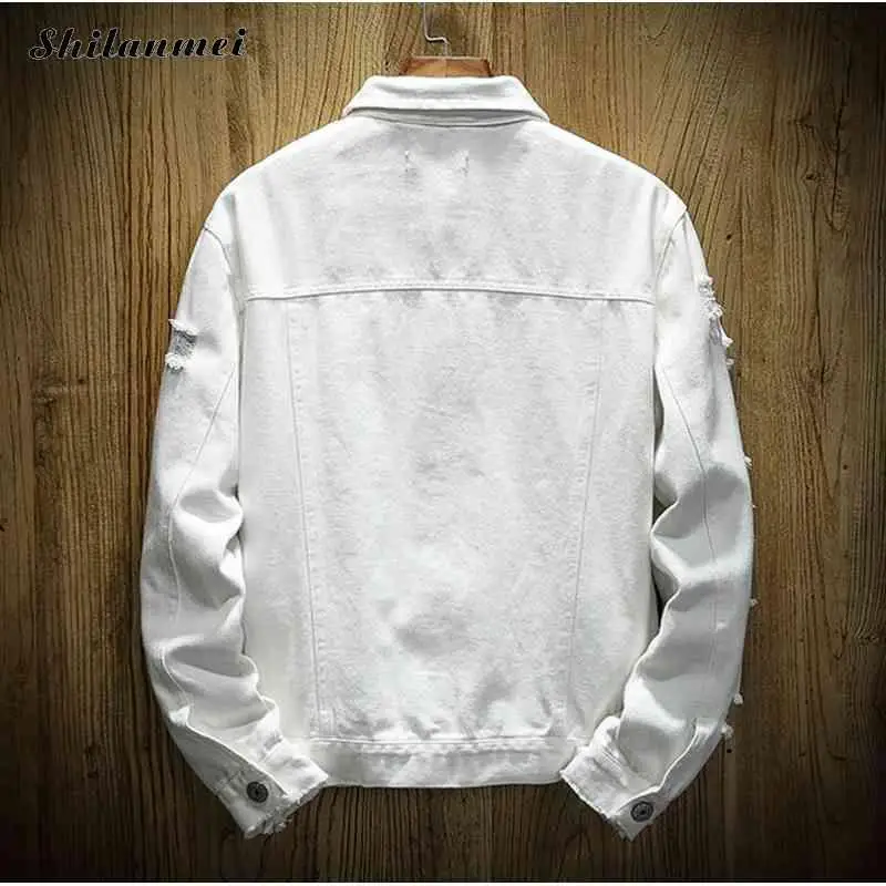 Куртка мужская джинсовая с рваными дырками модная уличная одежда из денима на