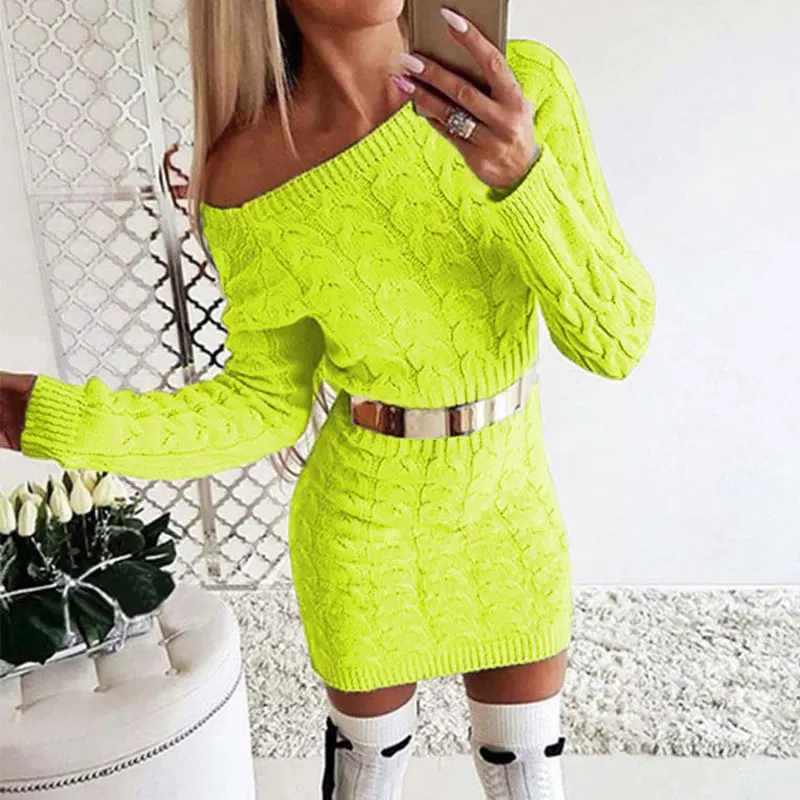 2019 Autumn Long Sweater Dress Women Winter Warm Thicken Off Shoulder Knitted Dresses Ladies | Женская одежда