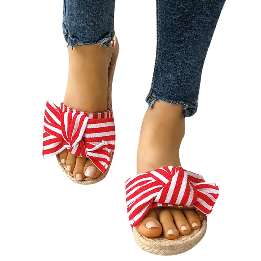 Сандалии женские без шнуровки плоская пеньковая ткань с бантом летние тапочки