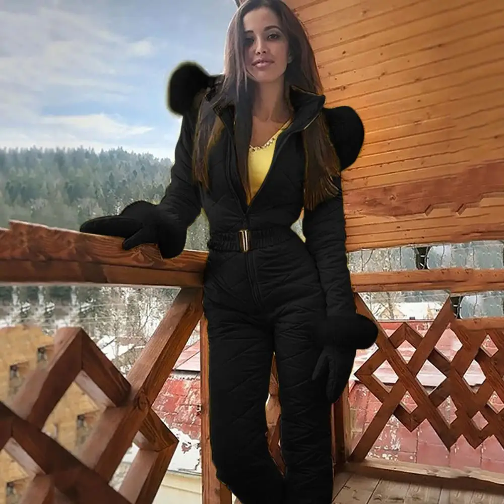 

2021 Winter Big Fur Hooded Jumpsuits Parka Elegant Padded Warm Sashes Straight Zipper One Piece Women Tracksuits Pink Bodysuits