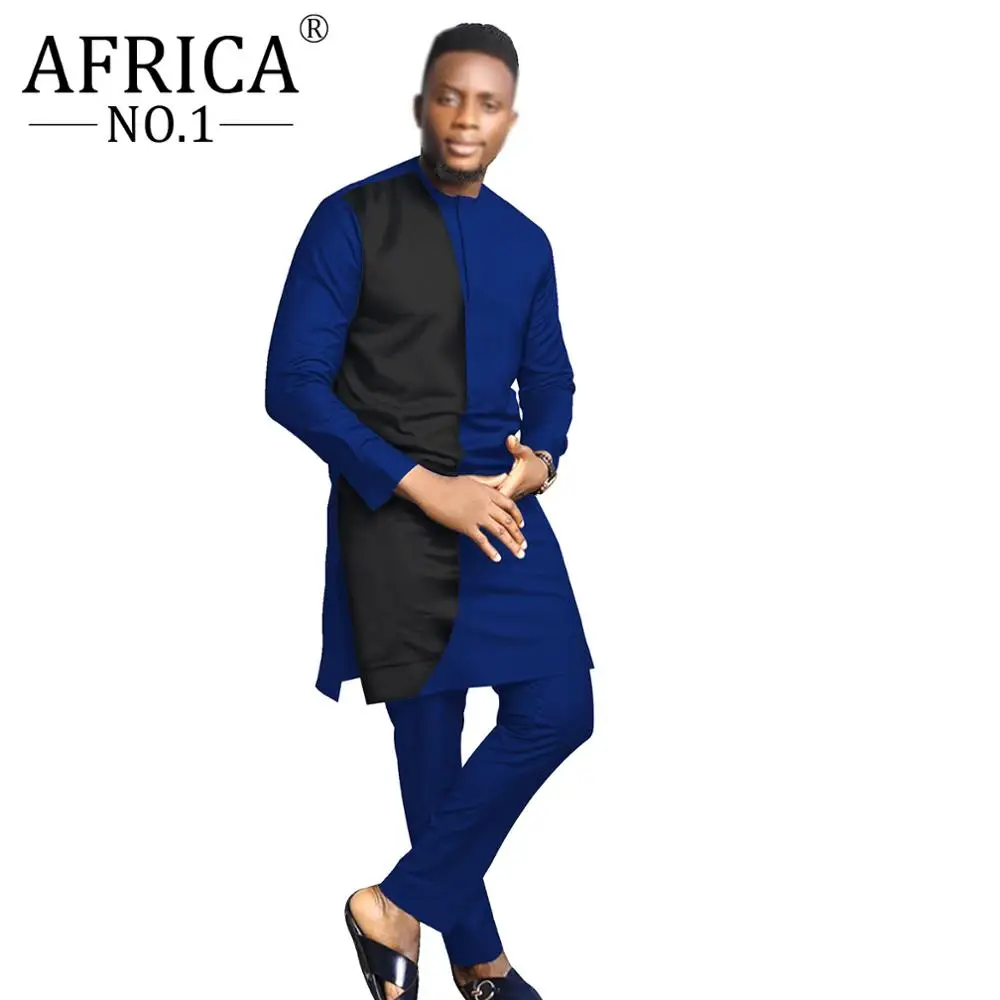 2021 Spring African Men Hippie Clothing Summer Bicolor Loose Long Sleeve Casual Contracted Design Set Shirt 2 Piece Outfit
