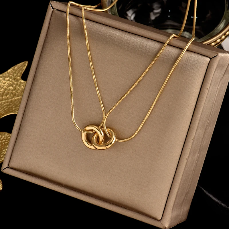 

Colorfast 316L stainless steel two-layer necklace, double ring pendant, simple and fashionable female gift jewelry