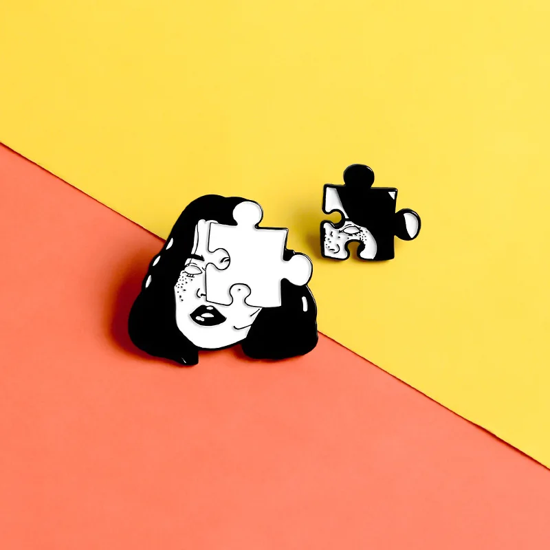 Мультяшный значок девушка аватар головоломка Броши для женщин темная система