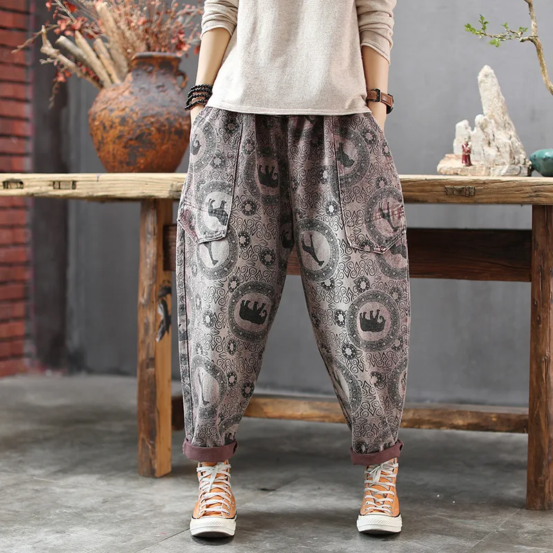 Figure 2 Осенние зимние джинсы женские Ретро эластичные талии свободные джинсы новые женские повседневные брюки с потертым принтом винтажные джинсовые брюки - Color: Figure 2