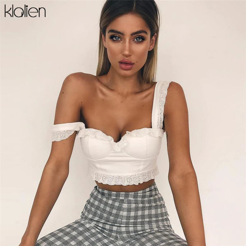 KLALIEN короткий топ на молнии с кружевами и рюшами Топ бюстье укороченный 2020