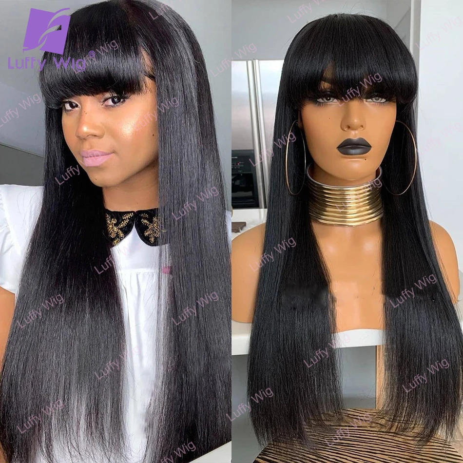 Long Silky Straight Human Hair Wigs With Bangs Indian Remy Human Hair Machine Wig 200 Density Glueless For Black Women LUFFY