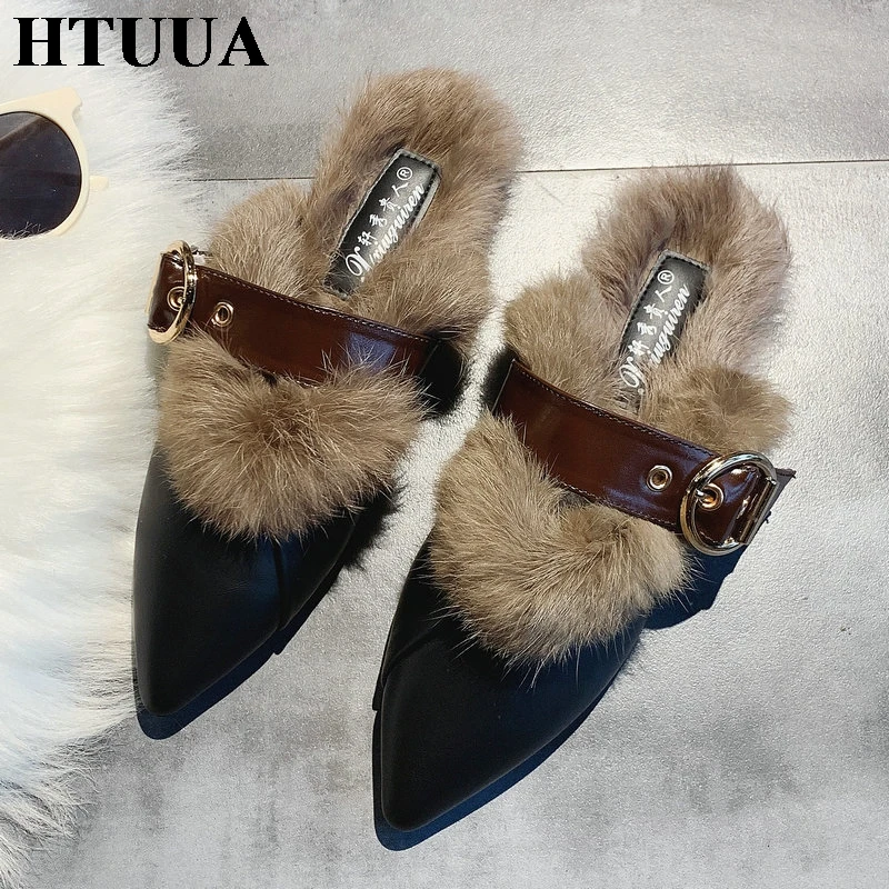 HTUUA/пушистые меховые тапочки с острым носком; женские шлепанцы без застежки; меховые шлепанцы; зимняя женская обувь; шлепанцы для дома помещений; SX3396