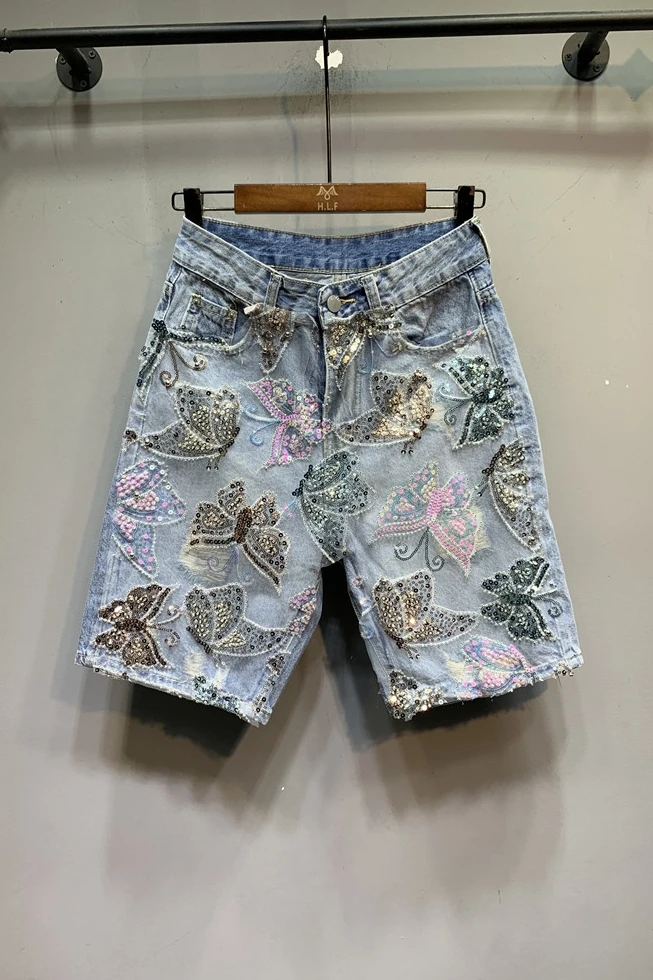 

2021 Summer New Fashion European Butterfly Sequin Gauze Denim Shorts Fifth Pants Women's Fashion Wide-Leg Straight Pants