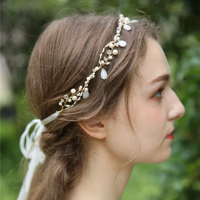 Украшения для волос ручной работы повязка на голову с жемчугом и кристаллами