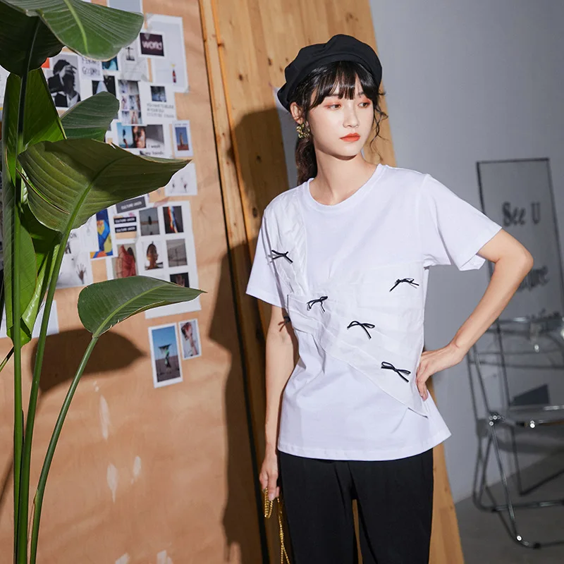 

Women Summer Slim White Cotton Patchwork Pleated Print Bow T-shirt Ladies Fashion Plus Size Tees Female Brand Casual Tops ZM681